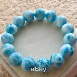 Natural Blue Ice Larimar Rare Dominican Round Beads Jewelry Bracelet 13.9mm AAAA