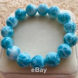 Natural Blue Ice Larimar Rare Dominican Round Beads Jewelry Bracelet 15mm AAAAA