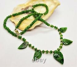 Natural Green Chrome Diopside Carved Leaves & Rondelles 14k Gold Necklace Rare