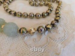 Natural Jade 14K Gold Cloisonne Glass Beaded Necklace Vintage 32 Inch SUPER RARE