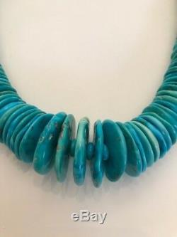 Natural Rare American Turquoise Large Disc Bead Necklace With 14 K Gold Clasp