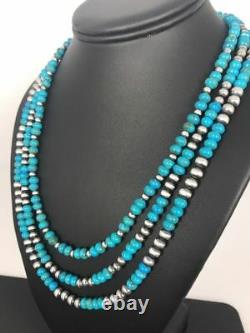 Navajo Blue Turquoise Sterling Silver Necklace Gift Rare Removable 3 Strands 393