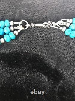 Navajo Blue Turquoise Sterling Silver Necklace Gift Rare Removable 3 Strands 393