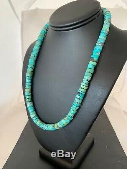 Navajo Native Blue Turquoise 9mm Heishi Sterling Silver Bead Necklace Rare 4635
