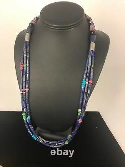 Navajo Sterling Silver Denim Lapis Multi Strand Necklace 22 Gift Rare83