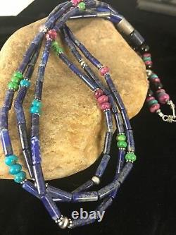 Navajo Sterling Silver Denim Lapis Multi Strand Necklace 22 Gift Rare83