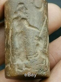 Near Eastern sasanian old King hunting lion rare carved cylinder seal bead