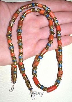 Necklace Of Antique Red Coral & Rare Scorzalite Stone Beads, African Metal Beads
