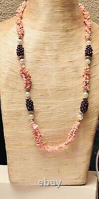 Necklace VTG Pink Coral Garnet Beaded Collar Fine Braided Strand Genuine Rare