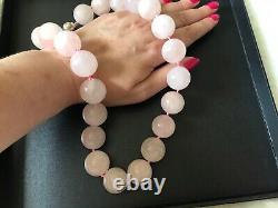 New Genuine Rare Size Rose Quartz Beaded Necklace With Sterling Silver Lock