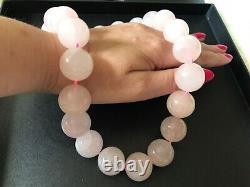 New Genuine Rare Size Rose Quartz Beaded Necklace With Sterling Silver Lock
