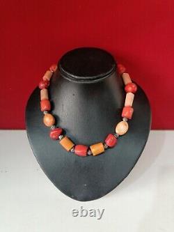 Old Antique Rare Huge Natural Red Coral Stone Beads Necklace Pendant Women Chain