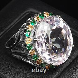 Pale Pink Kunzite Oval Rare 35.90Ct 925 Sterling Silver Handmade Rings Size 6.5