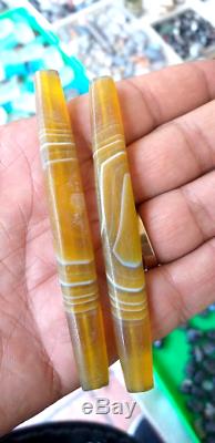 RARE Ancient 2 pcs Banded Agate Tubular beads, Old Banded Agate Pendants