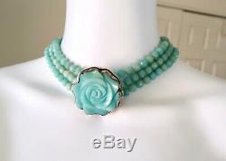 RARE Ancient Echos Vintage Carved Amazonite Sterling Silver Beaded Rose Necklace