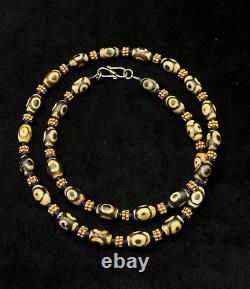 RARE Ancient Himalayan Tibetan Dzi Agate & Gold Plated Beaded Necklace