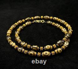 RARE Ancient Himalayan Tibetan Dzi Agate & Gold Plated Beaded Necklace