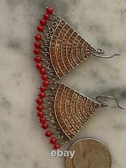 RARE Anna Beck Large Gold Over Sterling Silver Fan Earrings with Coral Beading
