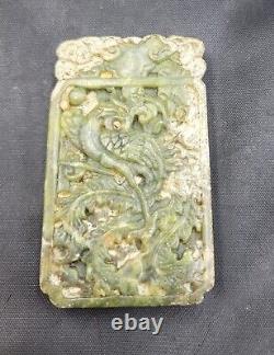 RARE Antique Green Jade Stone Chinese Phoenix Bird Carved Beads Pendant Amulet
