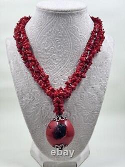 RARE Antique OOAK 925 Sterling Natural BLOOD Red Huge Momo Coral beaded Necklace