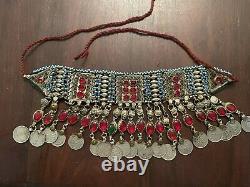 RARE Antique Silver Coins Necklace with Stones Middle East Hand Made