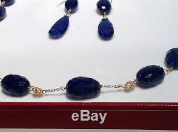 RARE CARVED AAA LAPIS BEAD NECKLACE & EARRINGS 18k GOLD ACCENT BEADS & CHAIN