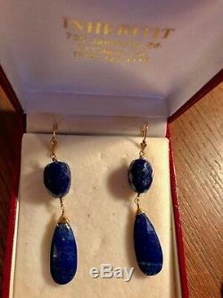 RARE CARVED AAA LAPIS BEAD NECKLACE & EARRINGS 18k GOLD ACCENT BEADS & CHAIN