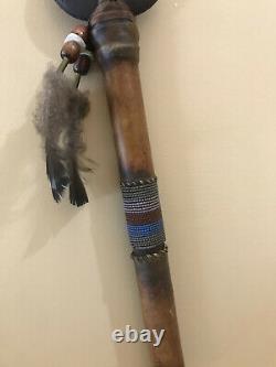 RARE Crow Native American Beaded Leather Wrapped Stone Axe Tomahawk