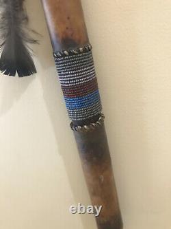 RARE Crow Native American Beaded Leather Wrapped Stone Axe Tomahawk