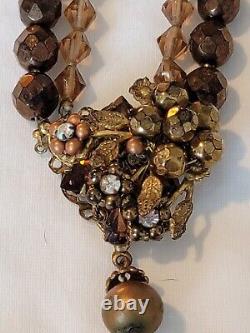 RARE! EUGENE Schultz Vintage Designer Necklace From 1950's Beaded Brown/topaz