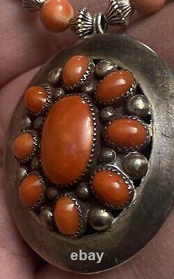 RARE Early FRANK PATANIA SR. Sterling & Gem Coral Pendant WithCoral Bead Necklace