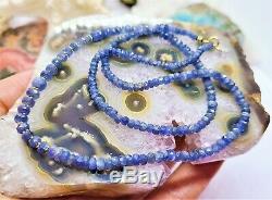 RARE GENUINE NATURAL BLUE FACETED SAPPHIRE RONDELLE BEADs 14K GOLD NECKLACE 19