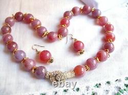 RARE Grape Frosted Bead Necklace Pierced Earrings Gemstone Glass Vintage Set
