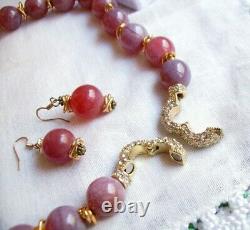 RARE Grape Frosted Bead Necklace Pierced Earrings Gemstone Glass Vintage Set