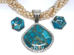 RARE Jay King Sterling 4 Strand Pearl & Gold Matrix Turquoise Necklace Earrings