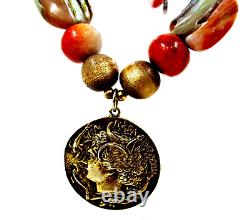 RARE Les Bernard Inc 70's Abalone Shell Coral Beads Roman Chariot Coins Necklace