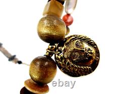 RARE Les Bernard Inc 70's Abalone Shell Coral Beads Roman Chariot Coins Necklace