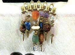 RARE MIRIAM HASKELL FRANK HESS Pre1940 Carved Nuts Beads Stones BRASS Brooch Pin