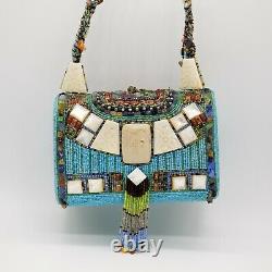 RARE Mary Frances Turquoise Beaded Stone Handbag Purse Fringe