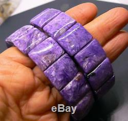 RARE NATURAL CHAROITE RECTANGLE BEADS STRETCH BRACELET 7.5 18mm 296cts AAA+++