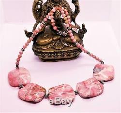 RARE PINK RHODOCHROSITE CARVED 40mm BEADS Sterling Silver NECKLACE 24 FABULOUS