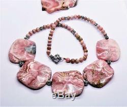 RARE PINK RHODOCHROSITE CARVED 40mm BEADS Sterling Silver NECKLACE 24 FABULOUS