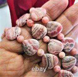 RARE PINK RHODOCHROSITE HEART Beads. 925 Sterling Silver NECKLACE 19 AAA+++