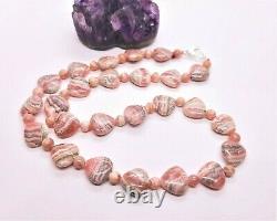 RARE PINK RHODOCHROSITE HEART Beads. 925 Sterling Silver NECKLACE 19 AAA+++