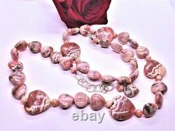 RARE PINK RHODOCHROSITE HEART Beads. 925 Sterling Silver NECKLACE 22-24 AAA+++