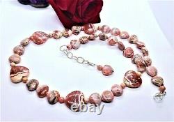 RARE PINK RHODOCHROSITE HEART Beads. 925 Sterling Silver NECKLACE 22-24 AAA+++