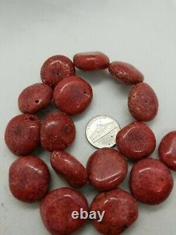 RARE RED CORAL 22mm COIN SLICES GEMSTONE VINTAGE BEADS 16
