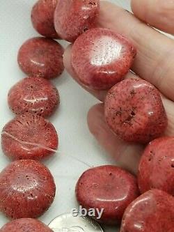 RARE RED CORAL 22mm COIN SLICES GEMSTONE VINTAGE BEADS 16