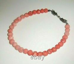 RARE SAKI Sterling Silver 925 Carved Angel Skin Coral Beaded Toggle Necklace