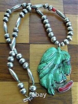 RARE Sterling Carved Turquoise Leaf Coral Bench Bead Necklace Navajo Tempe AZ